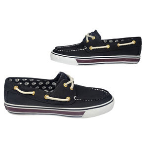 Sperry Top Sider Womens Shoes 6 Black White Purple Comfy Boat Slip Ons Fabric